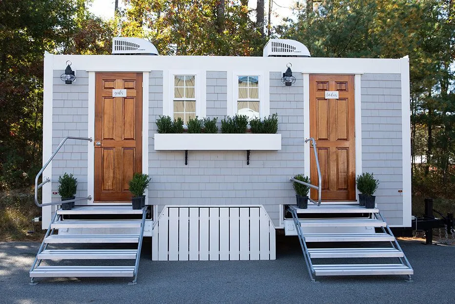 Wedding restroom units discretely staged at a venue in Fayetteville, Arkansas
